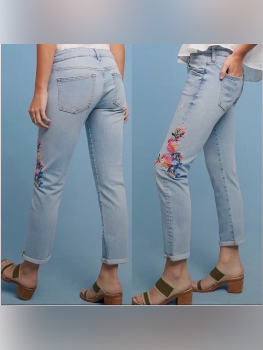 Anthropologie Pilcro Floral Embroidered Light Wash Jeans